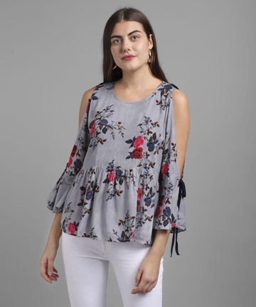 Women's Rayon Floral Print Cold Shoulder Top Roposo Clout